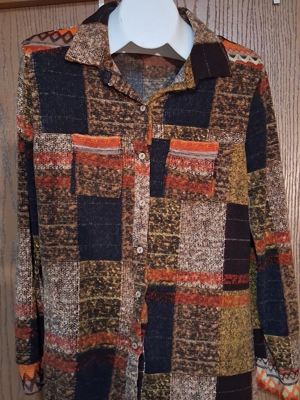 Auditions Patchwork Button-Down Shirt in Black, Brown, Orange L 260944